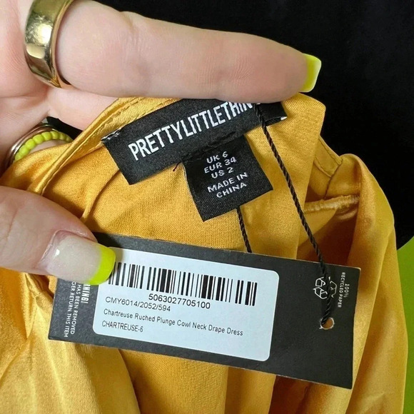 Pretty Little Thing Womens Yellow Ruched Plunge Cowl Neck Long Sleeve Dress 2 - Picture 10 of 14